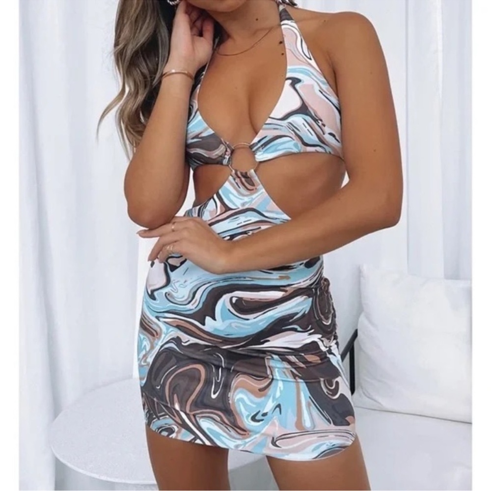 White Fox Boutique Swirl Print Mini Dress - Blue, Brown, White